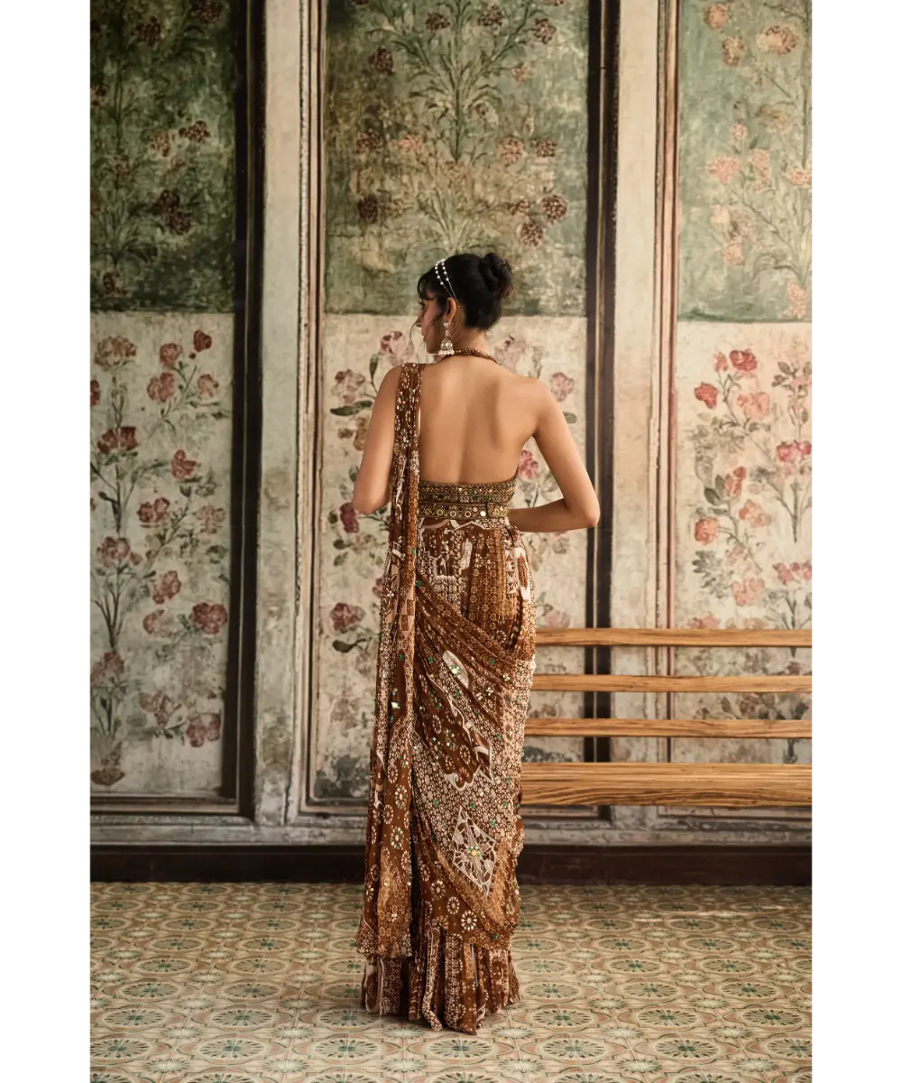 DIYARAJVVIR - Caramel Embroidered Halter Blouse and Caramel Print & Highlighted Saree Set